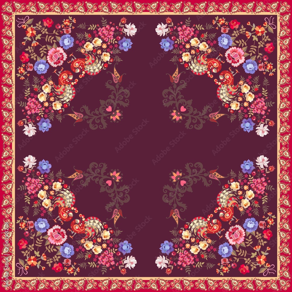 Square shawl  or carpet in ethnic style. Fairy peacocks with tails in shape of bouquets of garden flowers and wings in form of paisley on dark purple background. Indian, russian motives. Vector design