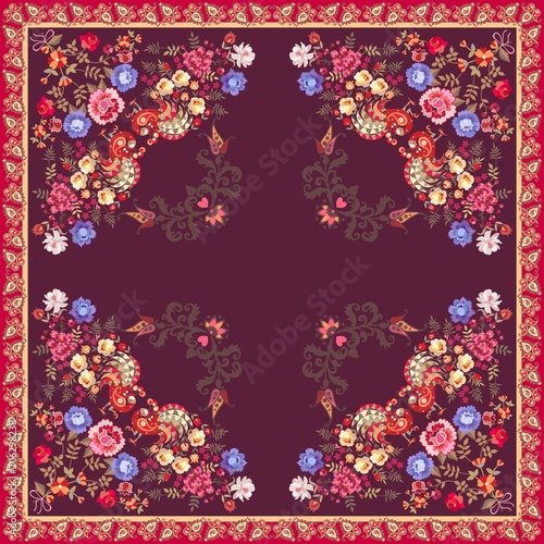 Square shawl  or carpet in ethnic style. Fairy peacocks with tails in shape of bouquets of garden flowers and wings in form of paisley on dark purple background. Indian, russian motives. Vector design
