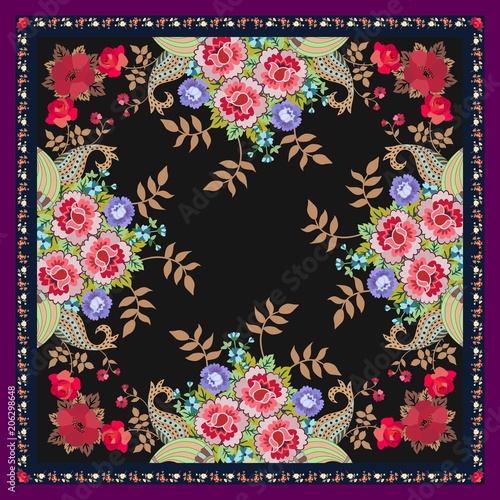 Unique shawl or carpet with bouquets of fantasy flowers, golden leaves and paisley on black background. Vector image.