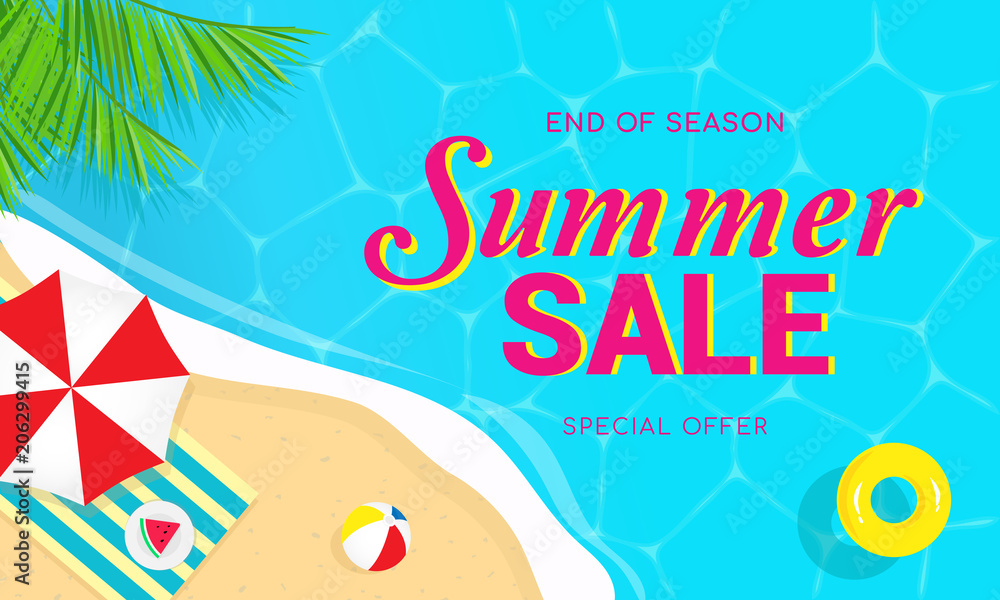 Summer sale banner vector illustration, Top view of summer beach.