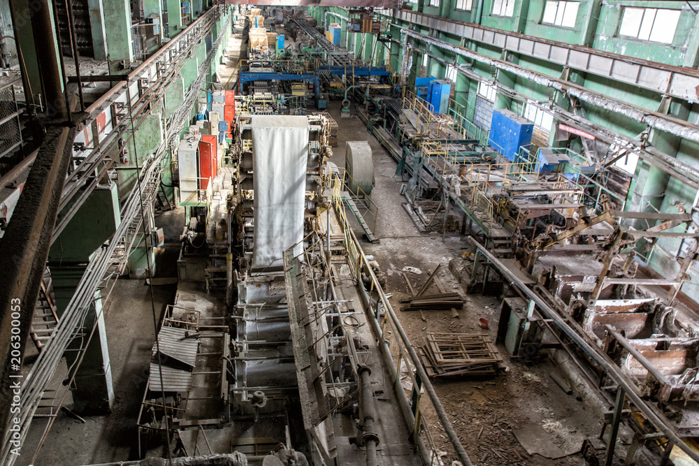 Slate production plant. Conveyor line. Workshop on processing of asbestos