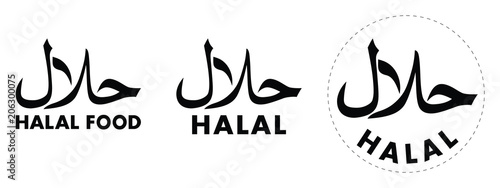 Halal (hallal / halaal meaning permissible in arabic) symbol with text under. Sign for allowed food and drinks by Islamic law. Three versions one with circle cutting path. photo
