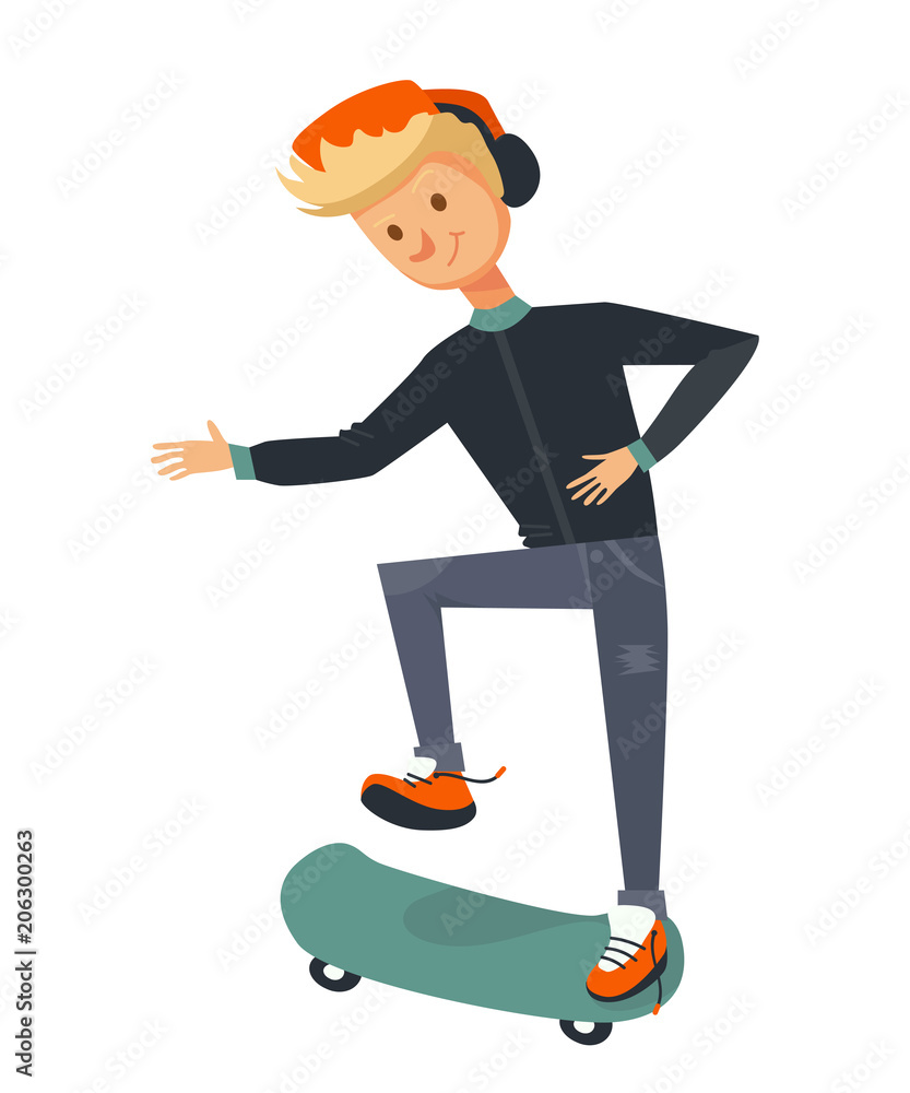 Vektorová grafika „isolated blonde guy skating and trying to flip a  skateboard. flat vector skater illustration of a man wearing blue  sportswear, orange hat, sneakers and headphones on a white background“ ze