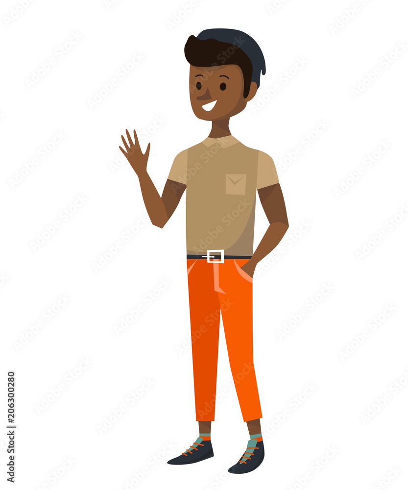 isolated indian guy waving his hand, saying hello or goodbye. flat black men vector illustration. teenage boy wearing beige shirt, orange pants and blue hat on a white background.