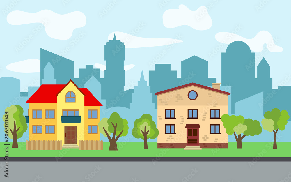 Vector city with two two-story cartoon houses and green trees in the sunny day. Summer urban landscape. Street view with cityscape on a background
