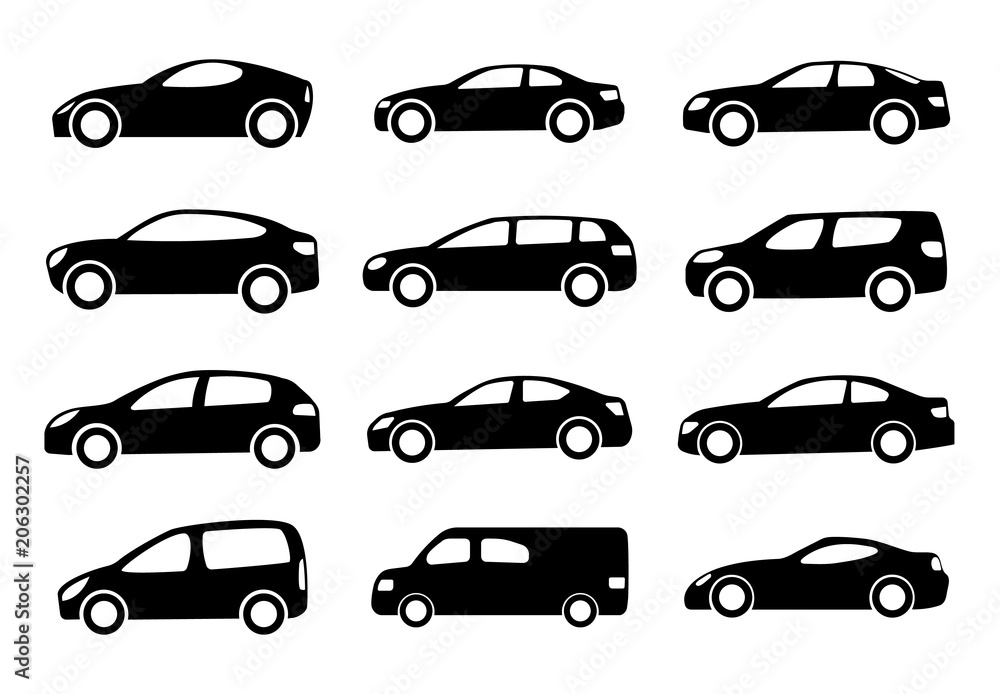Set of twelve black car silhouettes on a white background. Vector illustration.
