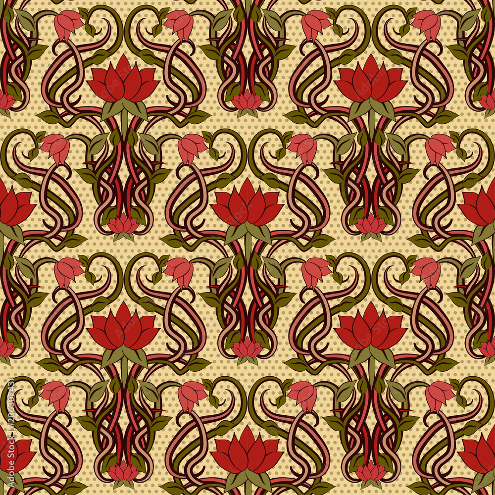 Seamless floral wallpaper in art nouveau style, vector illustration