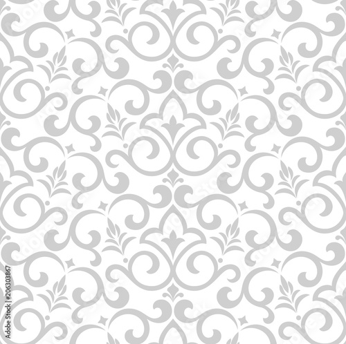 Wallpaper in the style of Baroque. A seamless vector background. White and grey floral ornament. Graphic pattern for fabric, wallpaper, packaging. Ornate Damask flower ornament.