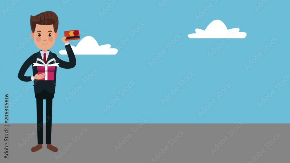 Businessman with gift and credit card High Definition animation colorful scenes Businessman with gift and credit card High Definition animation colorful scenes