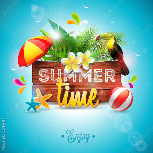 Vector Summer Time Holiday typographic illustration with toucan bird on vintage wood background. Tropical plants, flower, beach ball and sunshade with blue sky. Design template for banner, flyer