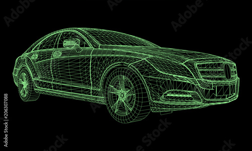 The model sports a premium sedan. Vector illustration in the form of a green polygonal triangular grid on a black background.