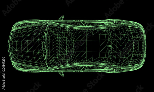 The model sports a premium sedan. Vector illustration in the form of a green polygonal triangular grid on a black background.