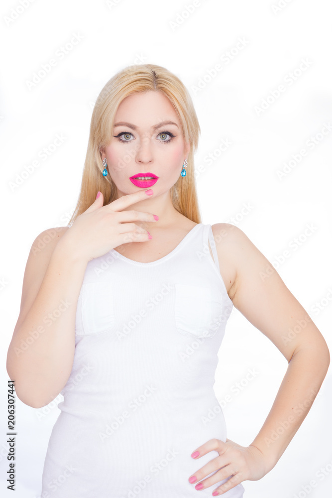 Close Up beauty portrait blonde with long hair, she with bright makeup, pink lips. Green eyes. Blue earrings. White background Close Up beauty portrait blonde with long hair, she with bright makeup, pink lips. Green eyes. Blue earrings. White background