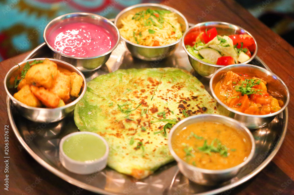 Macro photo of a delicious Indian set menu Macro photo of a delicious Indian set menu