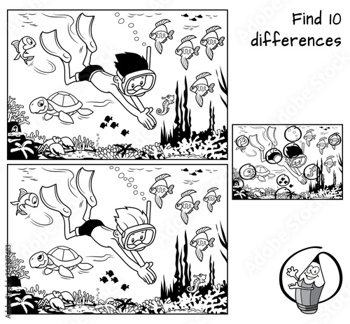 A boy with mask and flippers diving underwater in the ocean with marine inhabitants. Find 10 differences. Educational game for children. Black and white cartoon vector illustration