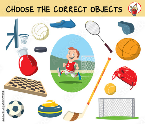 Choose the correct objects for football match. Educational matching game for children. Cartoon vector illustration