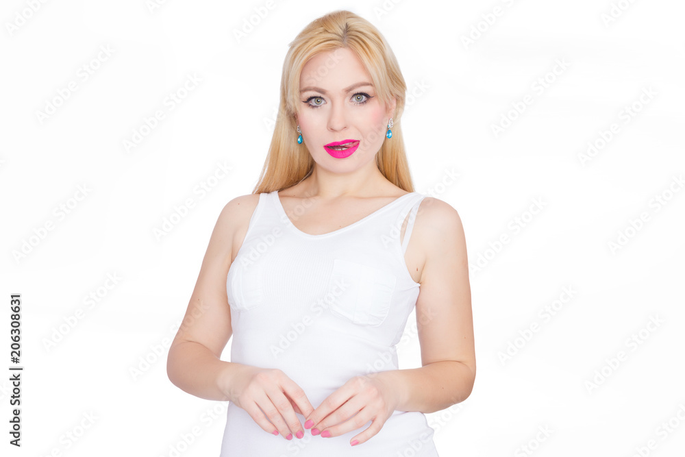 Close Up beauty portrait blonde with long hair, she with bright makeup, pink lips. Green eyes. Blue earrings. White background Close Up beauty portrait blonde with long hair, she with bright makeup, pink lips. Green eyes. Blue earrings. White background