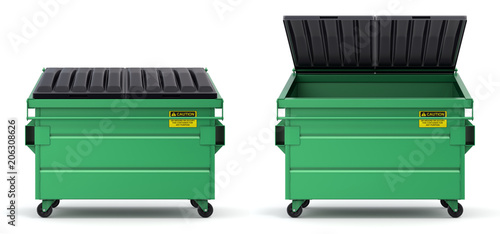 Open and closed green dumpster - 3D illustration photo