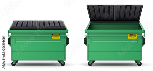 Open and closed green dumpster - 3D illustration