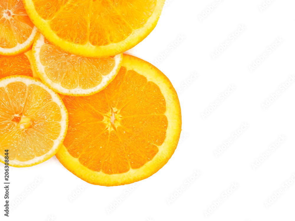 Fresh orange and lemon slice on white background. Fresh orange and lemon slice on white background.