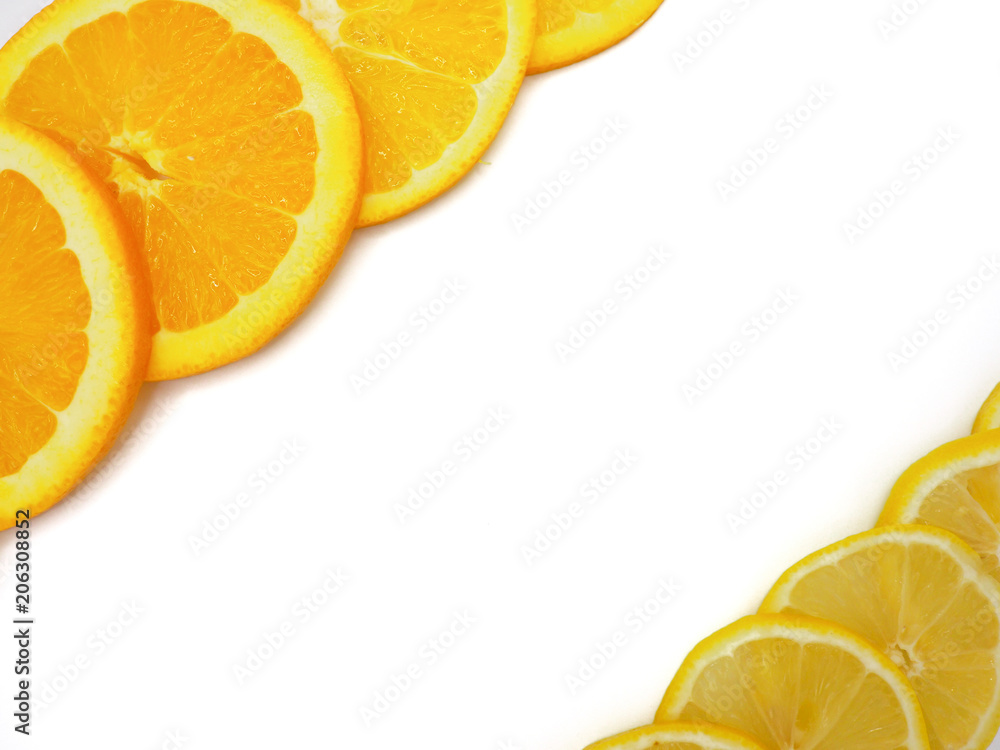 Fresh orange and lemon slice on white background. Fresh orange and lemon slice on white background.
