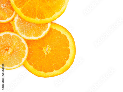 Fresh orange and lemon slice on white background.