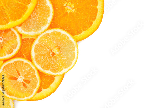 Fresh orange and lemon slice on white background.