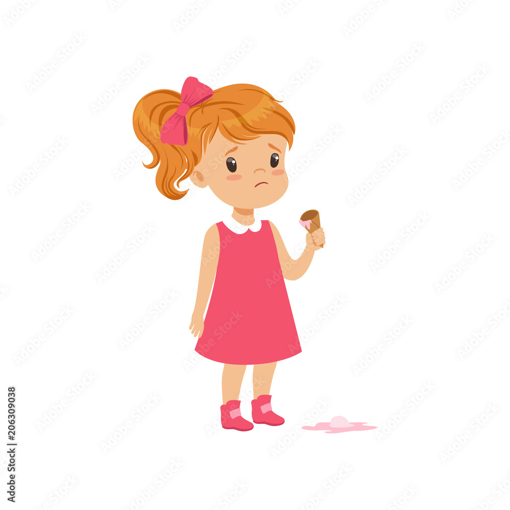 Girl feeling unhappy with ice cream drop vector Illustration on a white background Girl feeling unhappy with ice cream drop vector Illustration on a white background