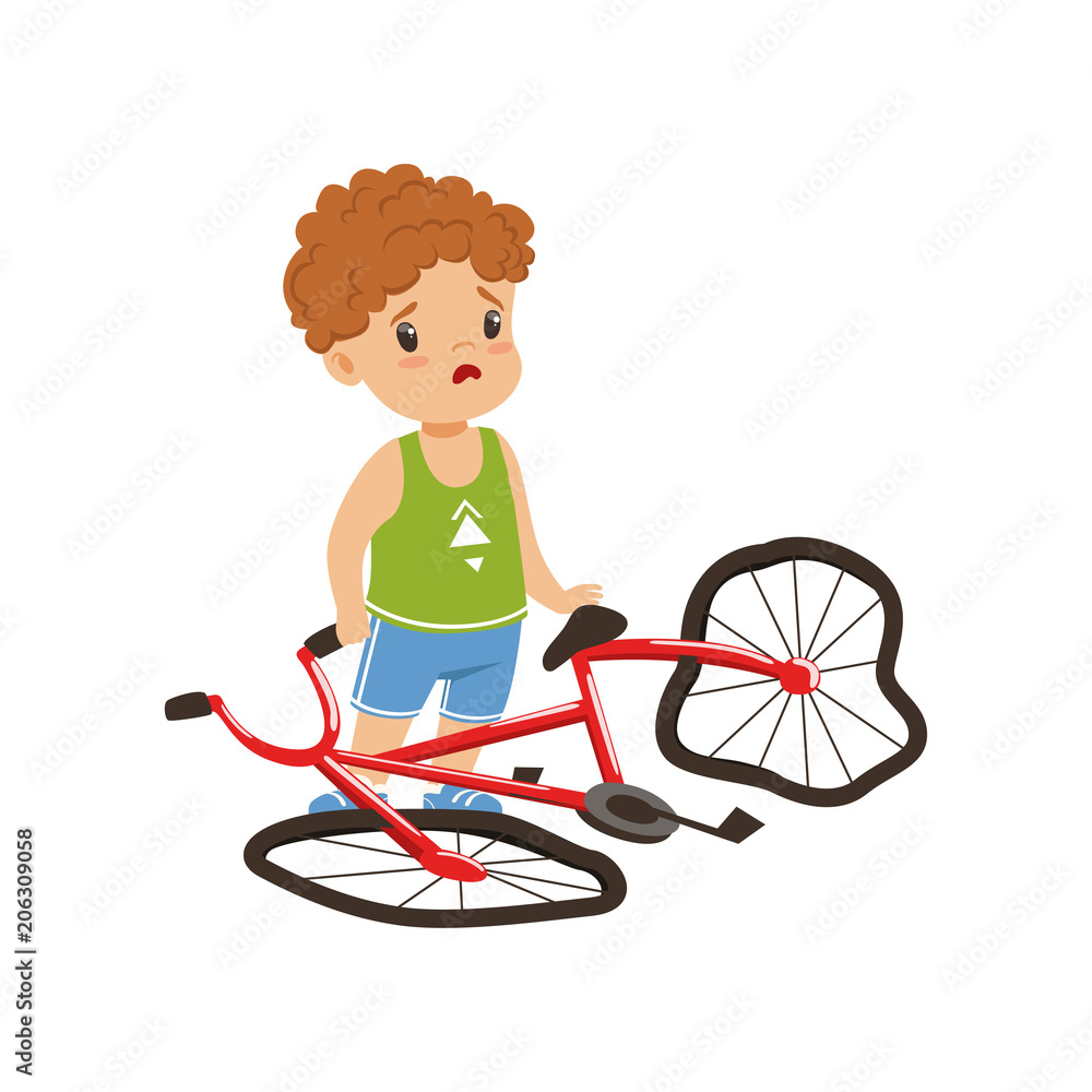 Boy feeling unhappy with his bike broken vector Illustration on a white background