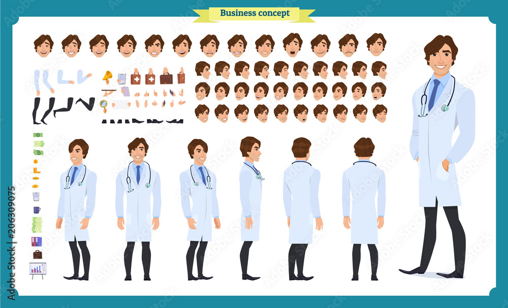 Front, side, back view animated character. Doctor character creation set  with various views, face emotions, hairstyles, poses and gestures. Cartoon  style, flat vector Isolated on white. dentists Stock Vector | Adobe Stock