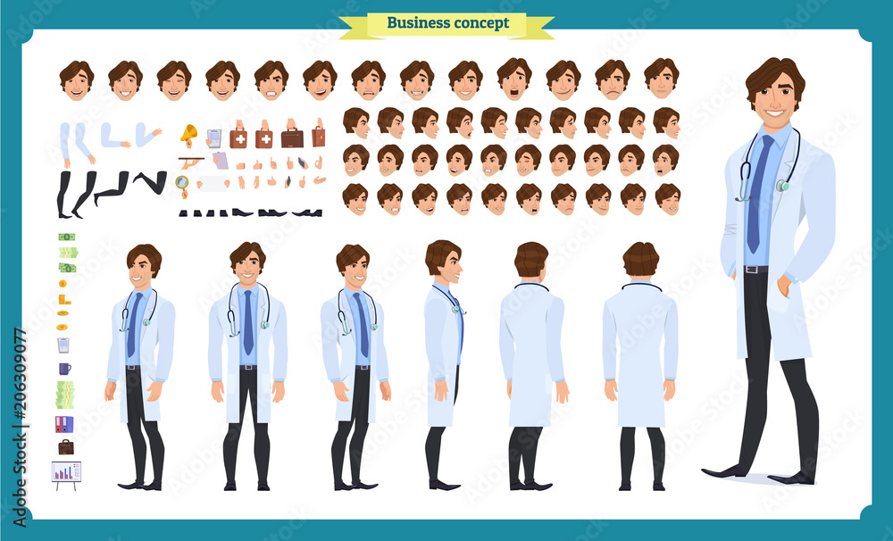 Front, side, back view animated character. Doctor character creation set with various views, face emotions, hairstyles, poses and gestures. Cartoon style, flat vector Isolated on white. dentists Front, side, back view animated character. Doctor character creation set with various views, face emotions, hairstyles, poses and gestures. Cartoon style, flat vector Isolated on white. dentists