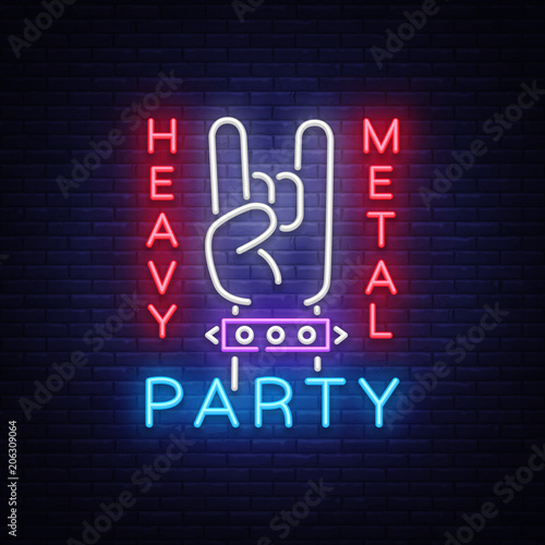 Heavy Metal Party Neon Sign Vector. Rock music logo, night neon signboard, design element invitation to Rock party, concert, festival, night bright advertising, light banner. Vector illustration