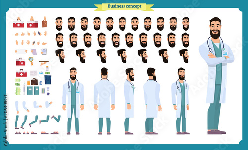Front, side, back view animated character. Doctor character creation set with various views, face emotions, hairstyles, poses and gestures. Cartoon style, flat vector Isolated on white. dentists