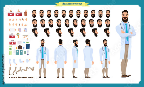 Front, side, back view animated character. Doctor character creation set with various views, face emotions, hairstyles, poses and gestures. Cartoon style, flat vector Isolated on white. dentists