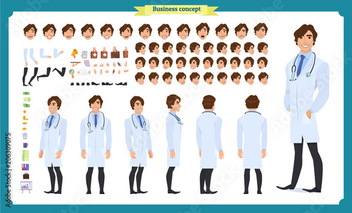 Front, side, back view animated character. Doctor character creation set with various views, face emotions, hairstyles, poses and gestures. Cartoon style, flat vector Isolated on white. dentists