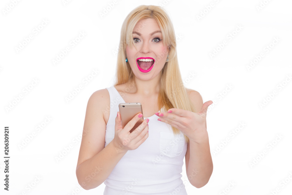 Beauty stylish woman with phone in her hands. White Background. Summer style Beauty stylish woman with phone in her hands. White Background. Summer style