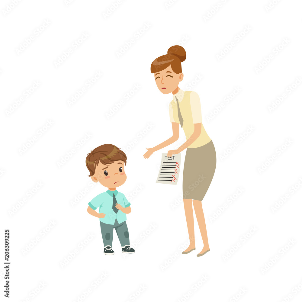 Teacher showing bad grades to sad little boy vector Illustration on a white background Teacher showing bad grades to sad little boy vector Illustration on a white background
