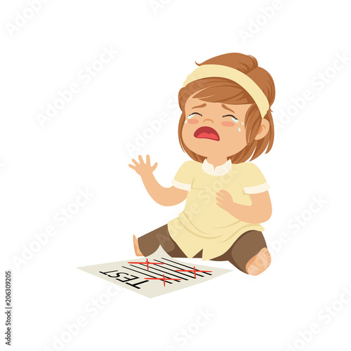 Little girl crying about failed test vector Illustration on a white background