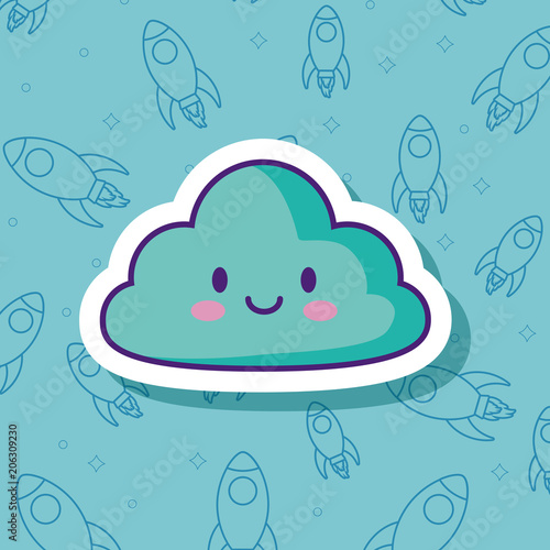 kawaii cloud over blue background, colorful design. vector illustration