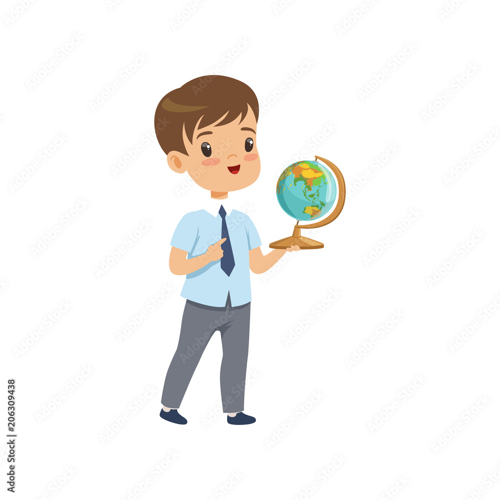 Cute boy standing with globe at geography lesson, pupil in school uniform studying at school vector Illustration on a white background Cute boy standing with globe at geography lesson, pupil in school uniform studying at school vector Illustration on a white background