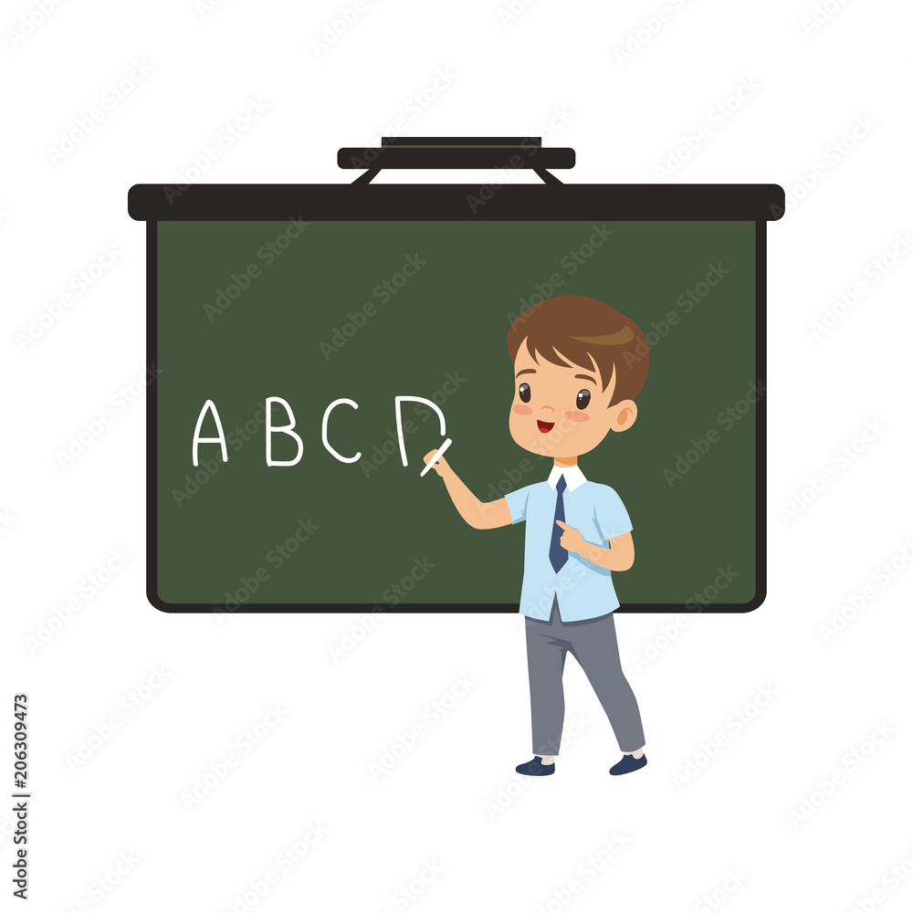 Boy writing english letters on blackboard, elementary school student in uniform vector Illustration on a white background Boy writing english letters on blackboard, elementary school student in uniform vector Illustration on a white background