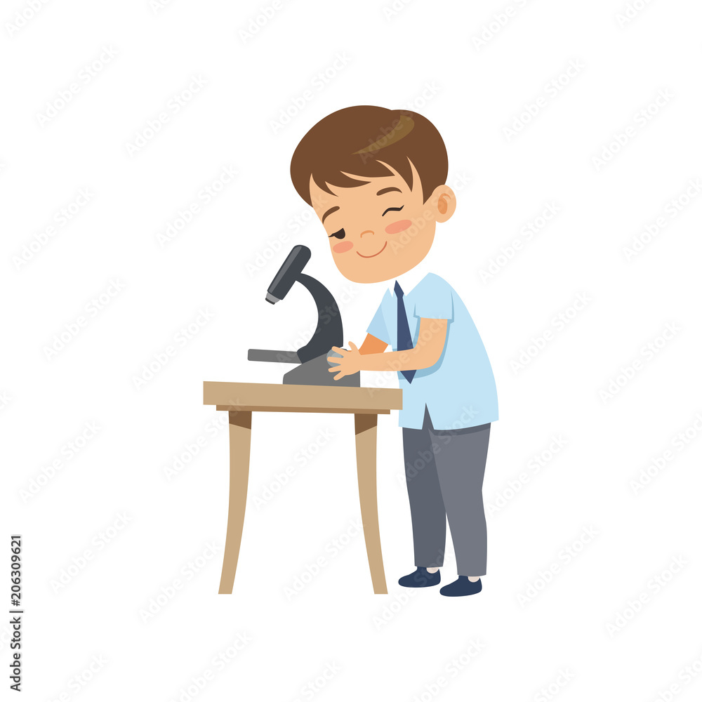 Cute boy using microscope at lesson, pupil in school uniform studying at school vector Illustration on a white background Cute boy using microscope at lesson, pupil in school uniform studying at school vector Illustration on a white background