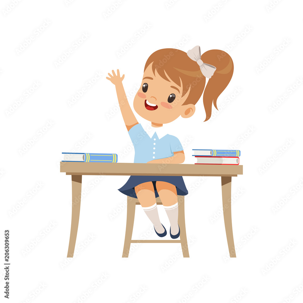 Cute girl sitting at the desk and rising her hand, elementary school student in uniform vector Illustration on a white background