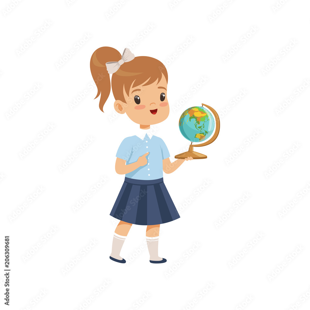 Girl standing with globe at geography lesson, pupil in school uniform studying at school vector Illustration on a white background Girl standing with globe at geography lesson, pupil in school uniform studying at school vector Illustration on a white background