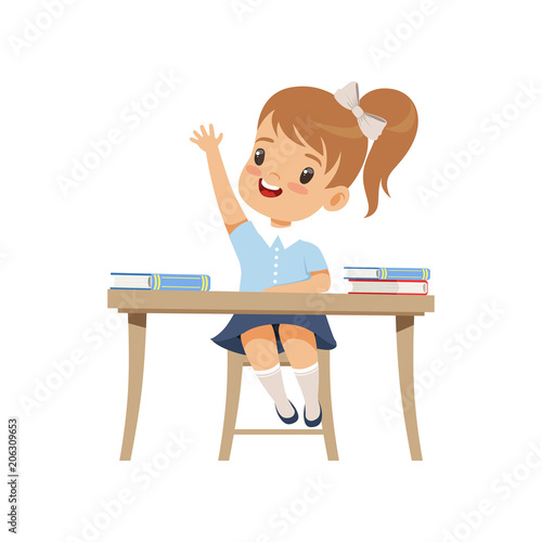 Cute girl sitting at the desk and rising her hand, elementary school student in uniform vector Illustration on a white background photo