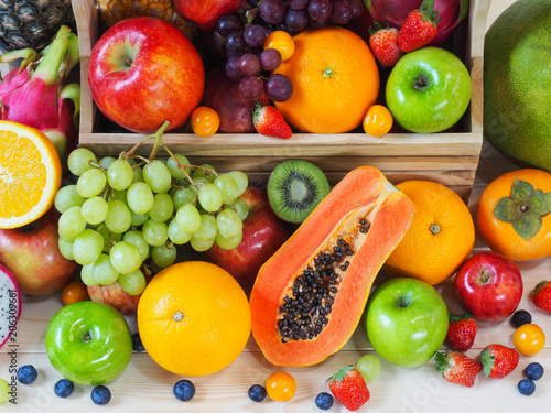 Colorful fresh fruits and vegetables background, healthy eating concept.