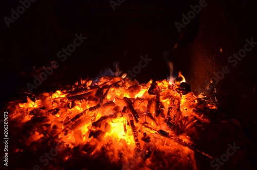 Burning firewood in the fireplace close up