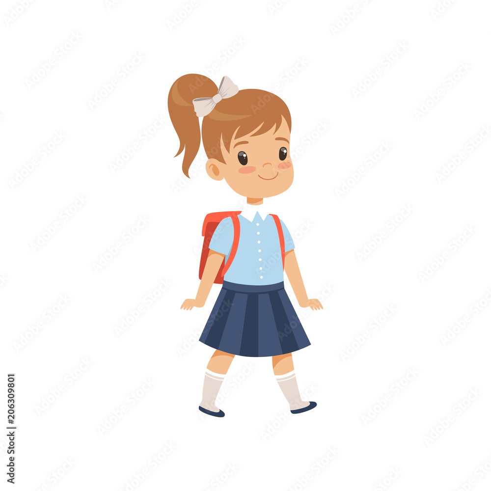Cute girl walkling with backpack, pupil in school uniform studying at school vector Illustration on a white background Cute girl walkling with backpack, pupil in school uniform studying at school vector Illustration on a white background