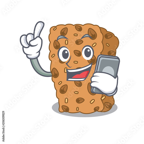 With phone granola bar character cartoon