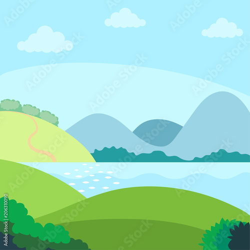 Nature background  a lake view with grass and mountains. Vector illustration in flat style